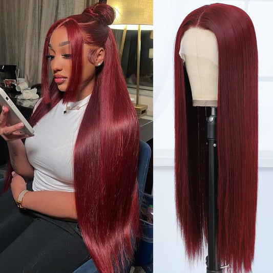 Koreyo Lace Front Wig Pre Plucked 13x4 HD Glueless Honey Blonde Lace Front Wig for Women Natural Looking Synthetic Heat Resistant Fiber Lace Wig (26 Inch) (Wine Red)