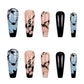 Press on Nails Long Coffin Fake Nails Black Blue Marble Glue on Nails Press on False Nails Glossy Acrylic Ballet Nails Full Cover Reusable Stick on Nails for Women Summer Nails Art Decorations 24PCS