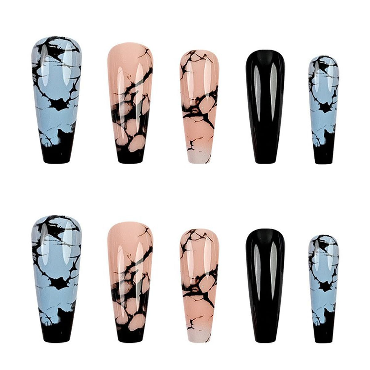 Press on Nails Long Coffin Fake Nails Black Blue Marble Glue on Nails Press on False Nails Glossy Acrylic Ballet Nails Full Cover Reusable Stick on Nails for Women Summer Nails Art Decorations 24PCS