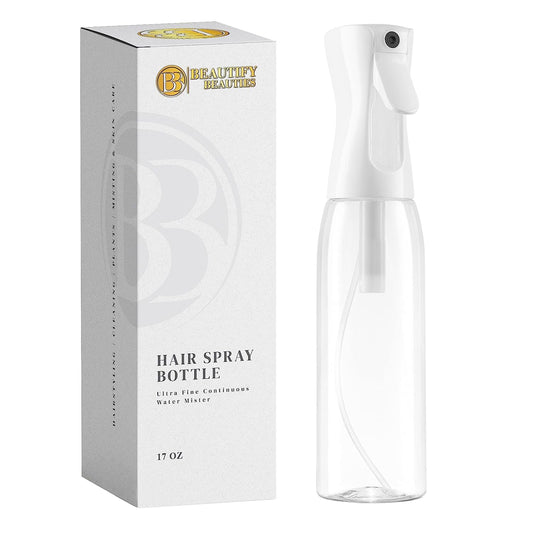 BeautifyBeauties Spray Bottle For Hair – Continuous Mister Spray Bottle for Hairstyling, Cleaning, Plants, Pets, Barbers, Salons, Essential Oil Scents (Clear, 18.6oz/500ml)