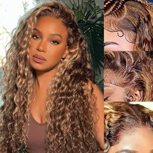 WPPIKK Highlight Lace Front Wig Human Hair 180 Density Brazilian Wet and Wavy Human Hair Wigs for Black Women Curly P4/27 Colored 13x4 Lace Frontal Wig (P4/27 Highlight Color, 28 Inch)