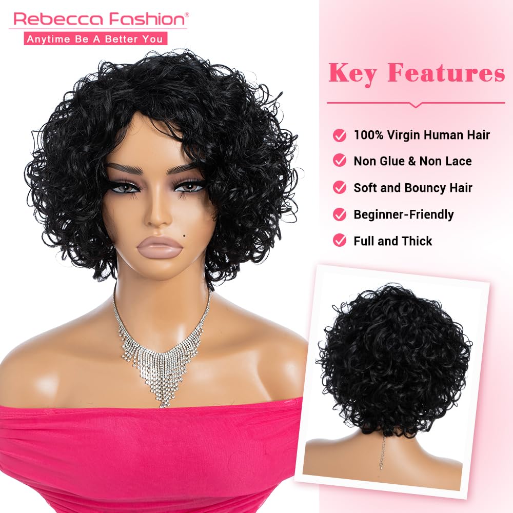 Rebecca Fashion Short Curly Human Hair Wigs for Black Women Cute Curly Bob Wig Side Part Non Lace Glueless Wigs Brazilian Remy Natural Looking Natural Color