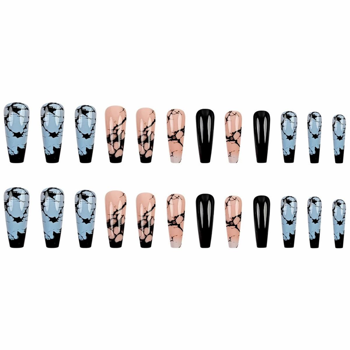 Press on Nails Long Coffin Fake Nails Black Blue Marble Glue on Nails Press on False Nails Glossy Acrylic Ballet Nails Full Cover Reusable Stick on Nails for Women Summer Nails Art Decorations 24PCS
