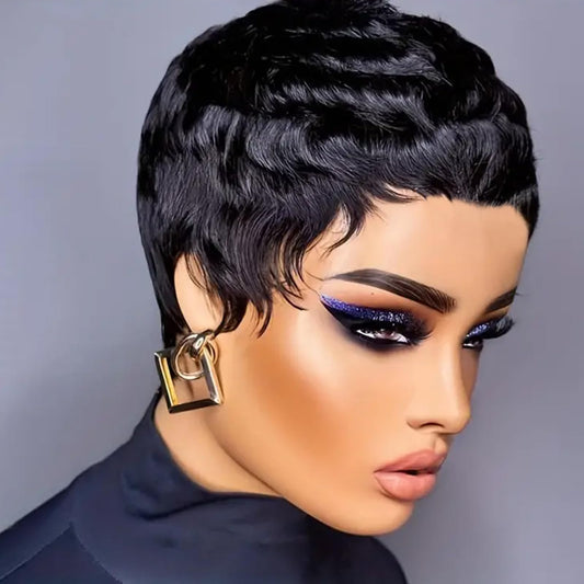 Tgezer Pixie Cut Wig Human Hair Short Bob Wig Short Layered Pixie Cut Wigs for Black Women Brazilian Remy Human Hair Glueless None Lace Front Wig Full Machine Made Black Color