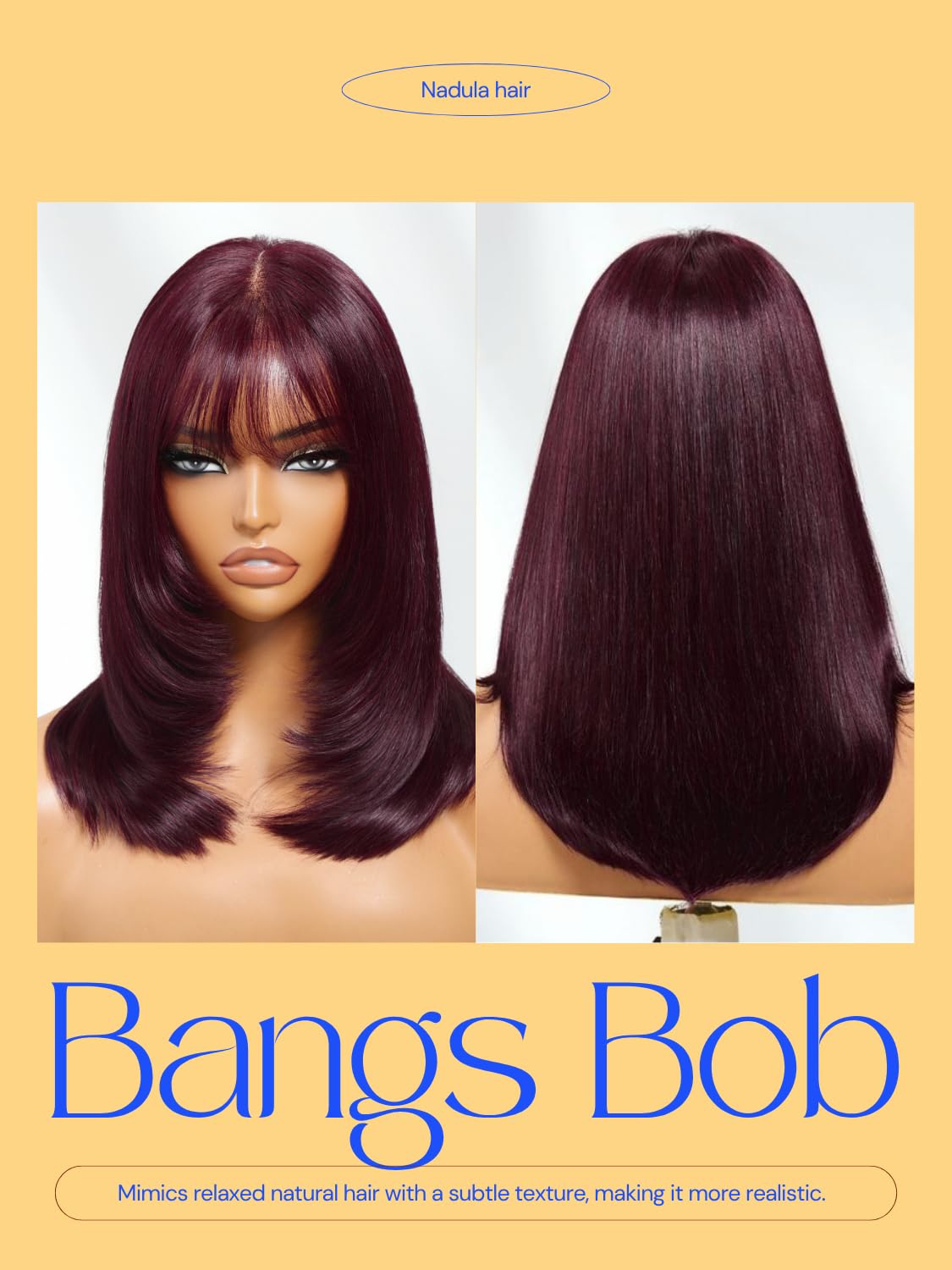 Nadula Purple Black Cherry Short Bob Layered Straight Drawstring Wig Human Hair with Wispy Bangs,Bye Bye Knots 7x5 Lace Closure Glueless Bob Wigs Pre Plucked Pre Cut Read to Wear Deep Wine Red 12inch