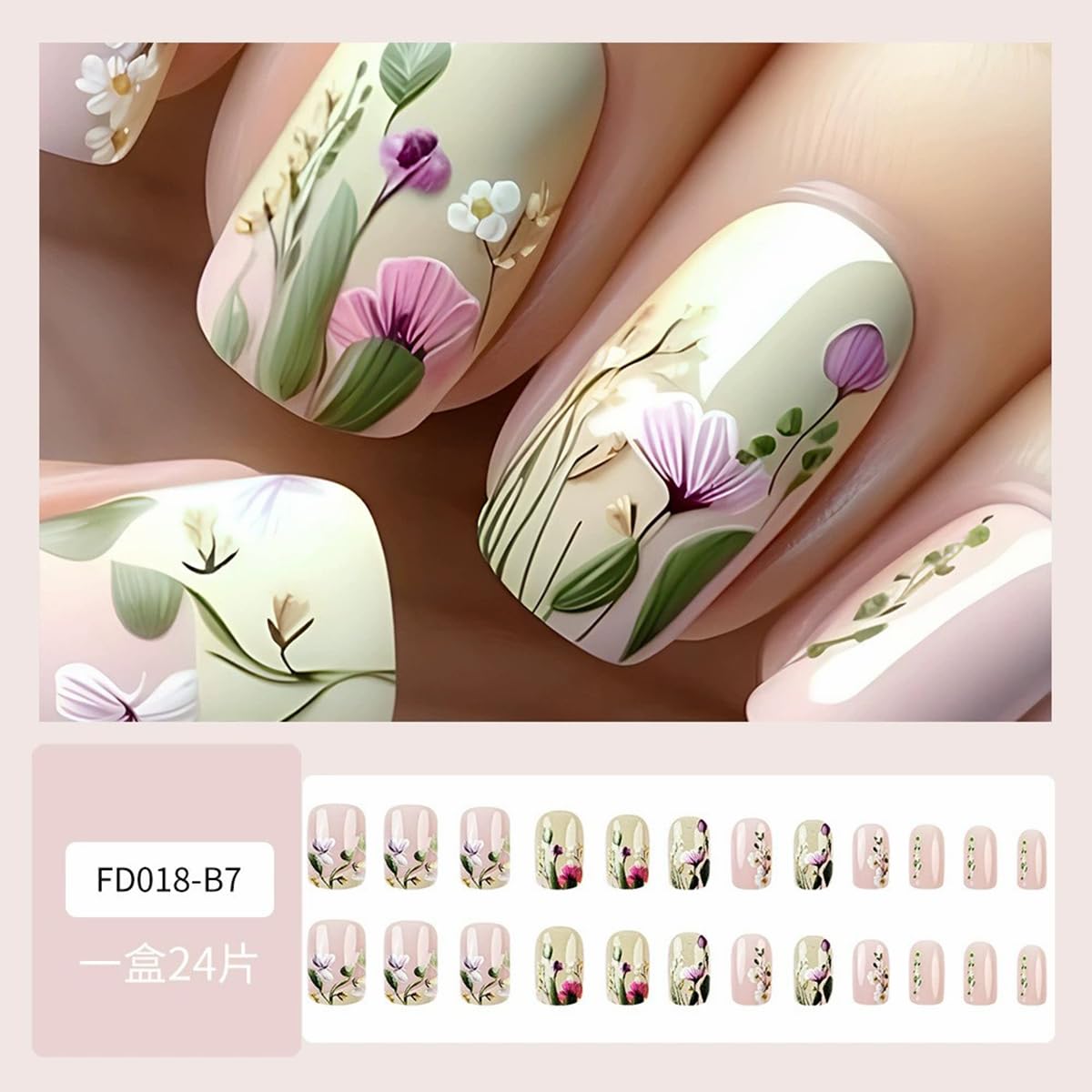 Spring Flower Press on Nails Short Square Fake Nails Glossy Pink Acrylic Nails Press on False Nails with Floral Designs Spring Summer Glue on Nails Short Stick on Nails for Women Nail Art Decor 24PCS