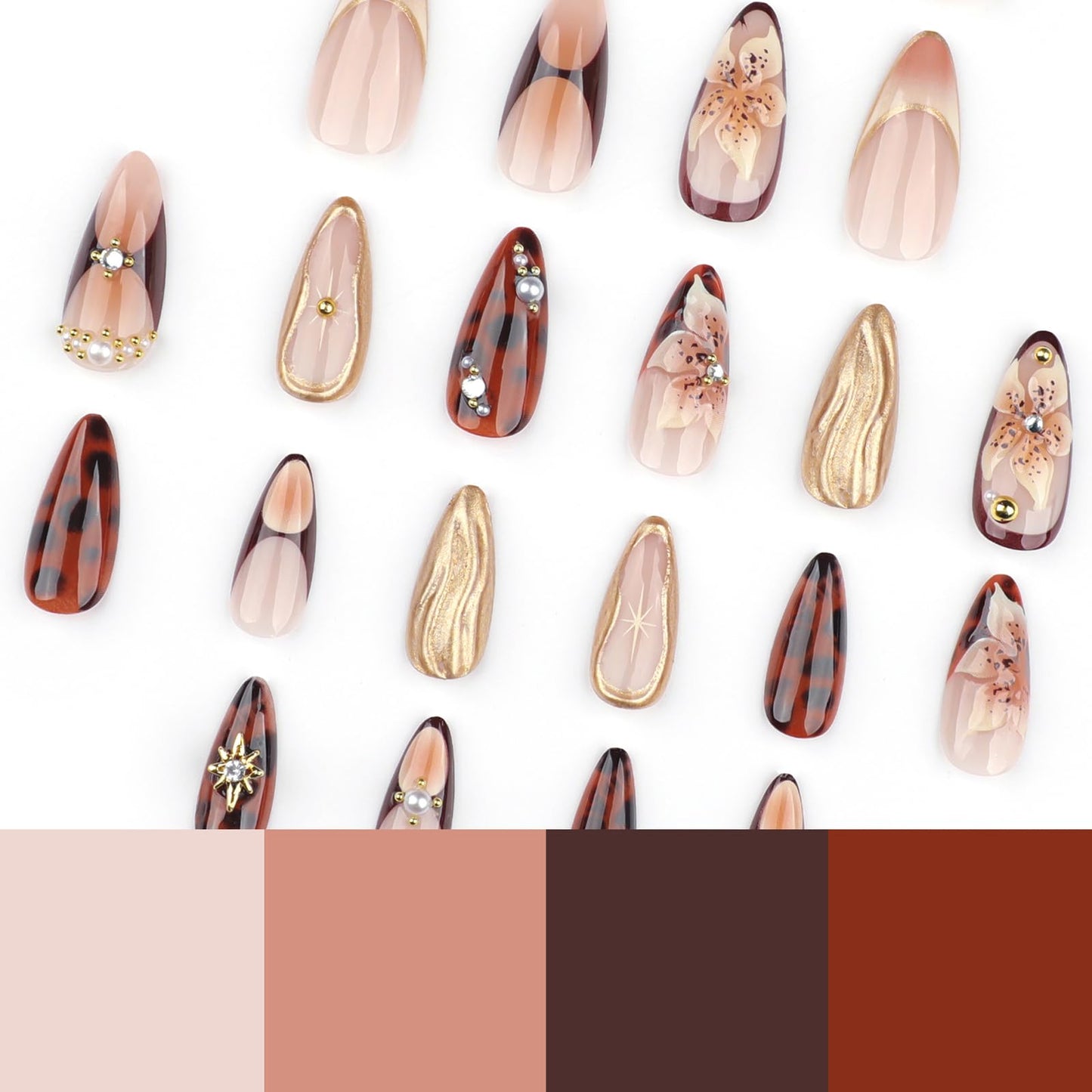 24Pcs Handmade Almond Press on Nails Medium Fake Nails with 3D Flower Rhinestones Design French Tip Almond False Nail Artificial Acrylic Nails Press ons Full Cover Flower Stick on Nails for Women