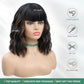 14 Inch Black Mixed Brown Highlights Wigs for Women Short Wavy Curly Wig With Bangs Natural Looking Synthetic Hair Wigs Heat Resistant Fiber Wig for Daily Party (Black Mixed Brown)