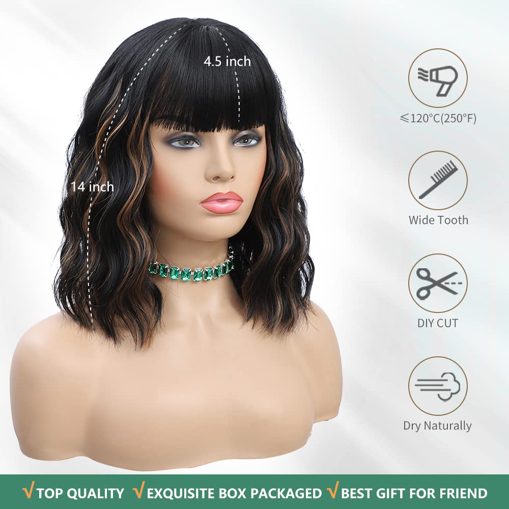 14 Inch Black Mixed Brown Highlights Wigs for Women Short Wavy Curly Wig With Bangs Natural Looking Synthetic Hair Wigs Heat Resistant Fiber Wig for Daily Party (Black Mixed Brown)