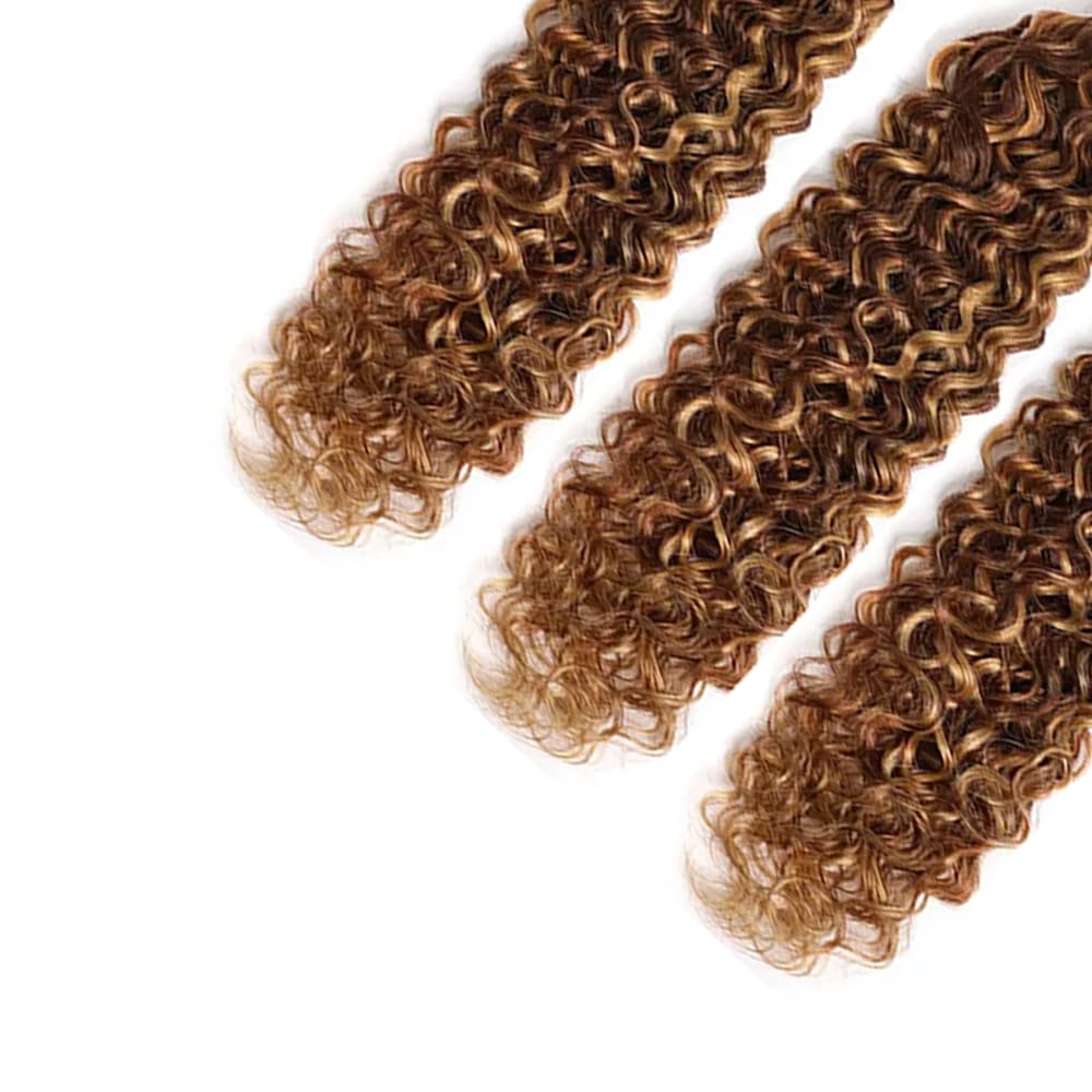 Biliisyff Ombre Brown and Blonde Deep Curly Weave Bundles Human Hair P4/27 Brown Honey Blonde Kinky Curly Bundles Double Weft Wet and Wavy Bundles Silky and Soft for Black Women 20 22 24 Inch