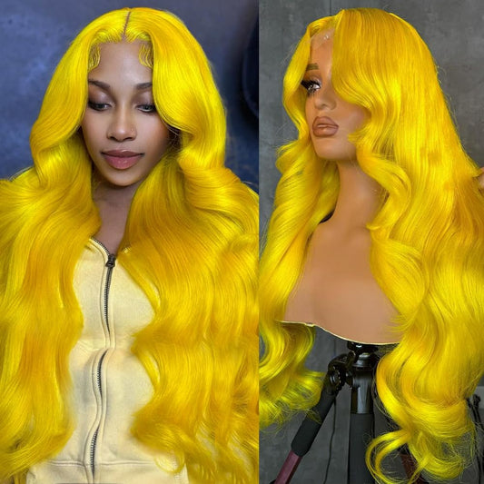 Yellow Lace Front Wig Human Hair Pre Plucked 200% Density Yellow Wig Human Hair Body Wave Blonde Lace Front Wigs Human Hair 13x4 HD Lace Frontal Wig Colored Wigs Human Hair 28 Inch