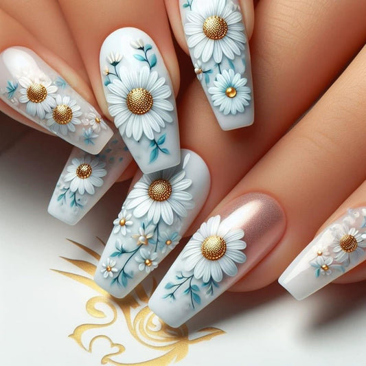 Spring Flower Press on Nails Long Coffin Fake Nails with Daisy Designs Spring Summer Glue on Nails Glossy Flower Acrylic Nails Full Cover False Nails with Glue Reusable Stick on Nails for Women 24PCS