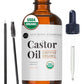 Kate Blanc Cosmetics Castor Oil Organic (2oz), 100% Pure, Cold Pressed, Hexane Free. Stimulate Growth for Hair, Eyelashes, Eyebrows. Hair Treatment Starter Kit & Skin Moisturizer