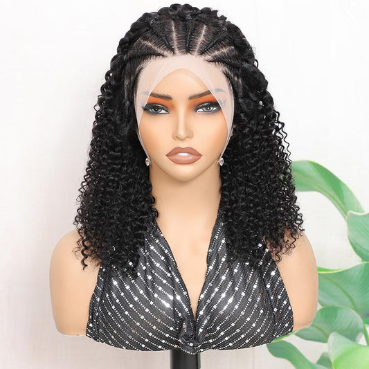 Kinky Curly Braided Wig Human Hair Natural Color Curly Wigs 13X4 Lace Front Wigs Brazilian Curly Wigs 16 Inches Transparent Color Braid Wig For Black Women Pre-Plucked with Baby Hair Glueless Wig