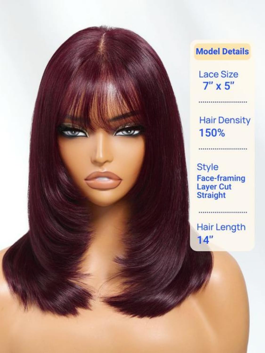 Nadula Purple Black Cherry Short Bob Layered Straight Drawstring Wig Human Hair with Wispy Bangs,Bye Bye Knots 7x5 Lace Closure Glueless Bob Wigs Pre Plucked Pre Cut Read to Wear Deep Wine Red 12inch