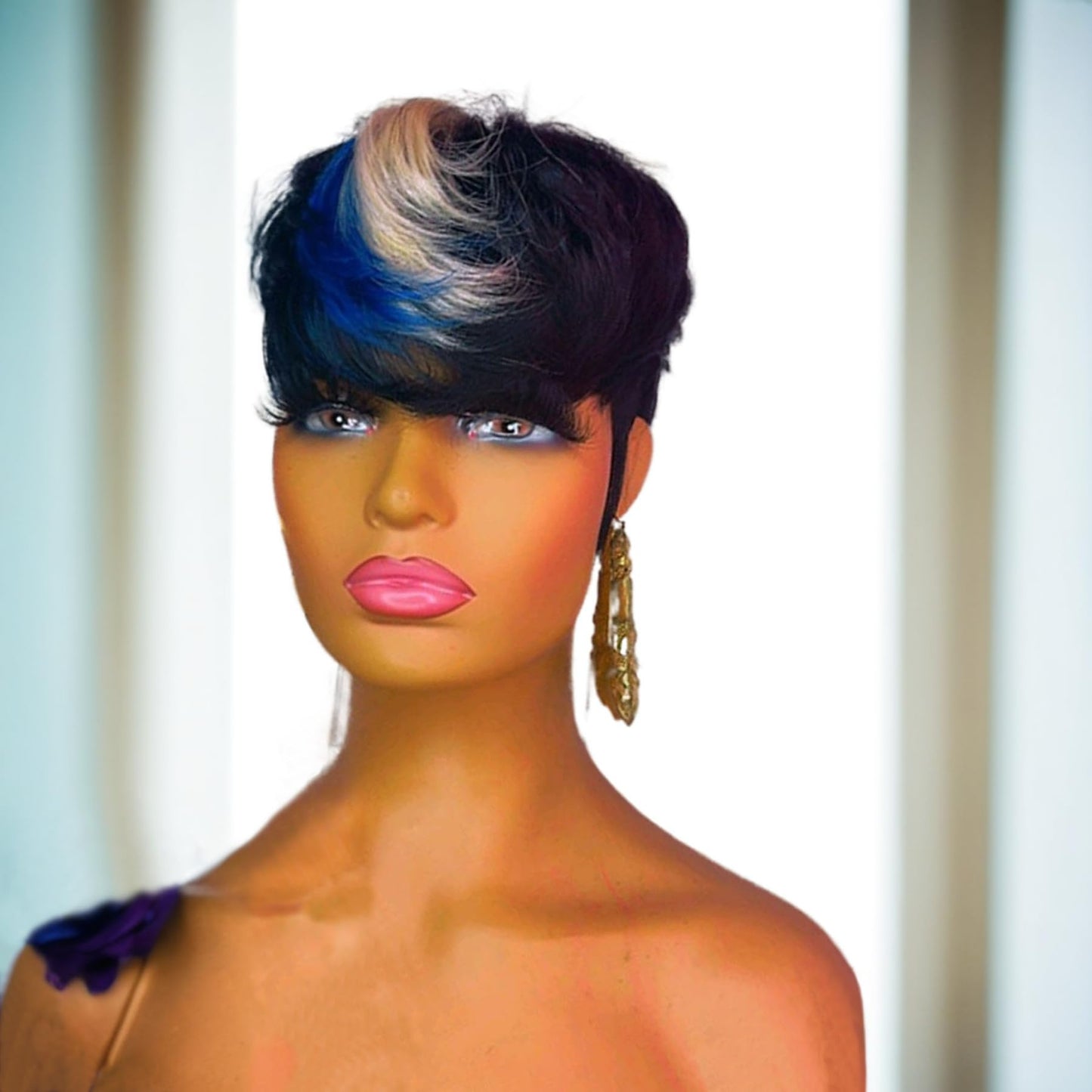 QiaQiaRing Pixie Cut Wigs For Black Women Short Layered Pixie Wigs with Bangs Chic Elegent 1b/613/blue Color Glueless Brazilian Virgin Straight Wigs (1B/613/BLUE)