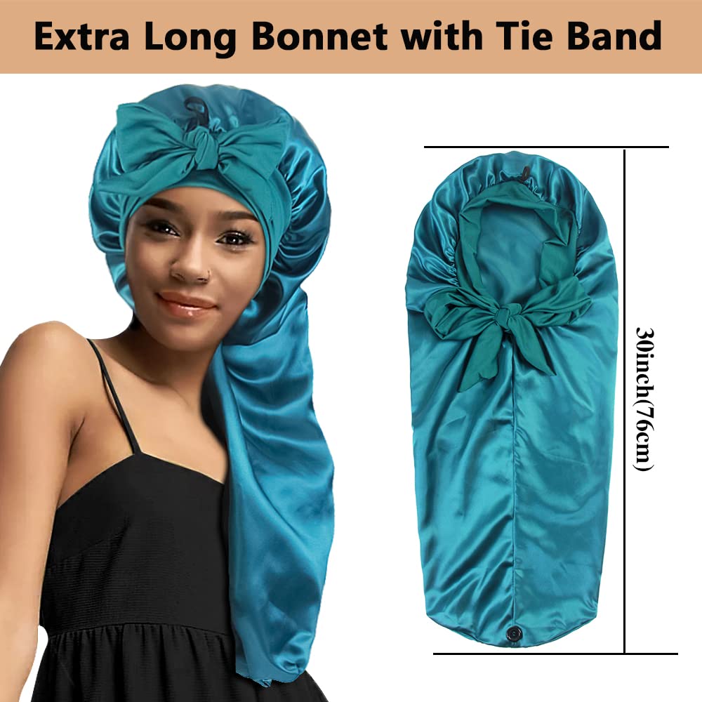 2pcs Long Satin Bonnets with Tie Band, Large Braid Bonnet Silky Hair Cap for Locs Women Sleeping, D