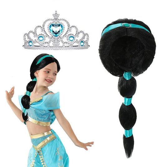 Arabian Princess Wig for Girls Jasmine Braid with Princess Tiara Princess Dress Up Costume Cosplay Halloween Accessories for Kids