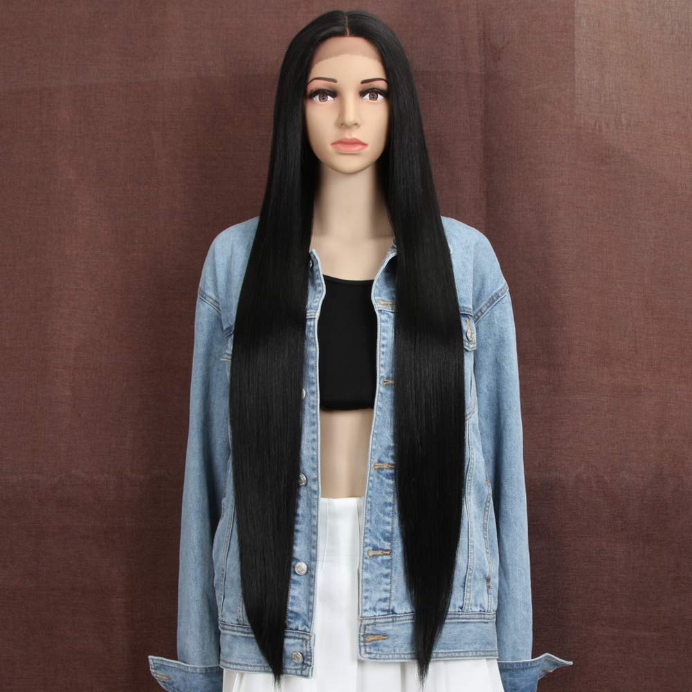 Style Icon 38" Super Long Straight Wigs Lace Front Wigs 6" Deeper Middle Part Wig Black Synthetic Wig (38", 1B)