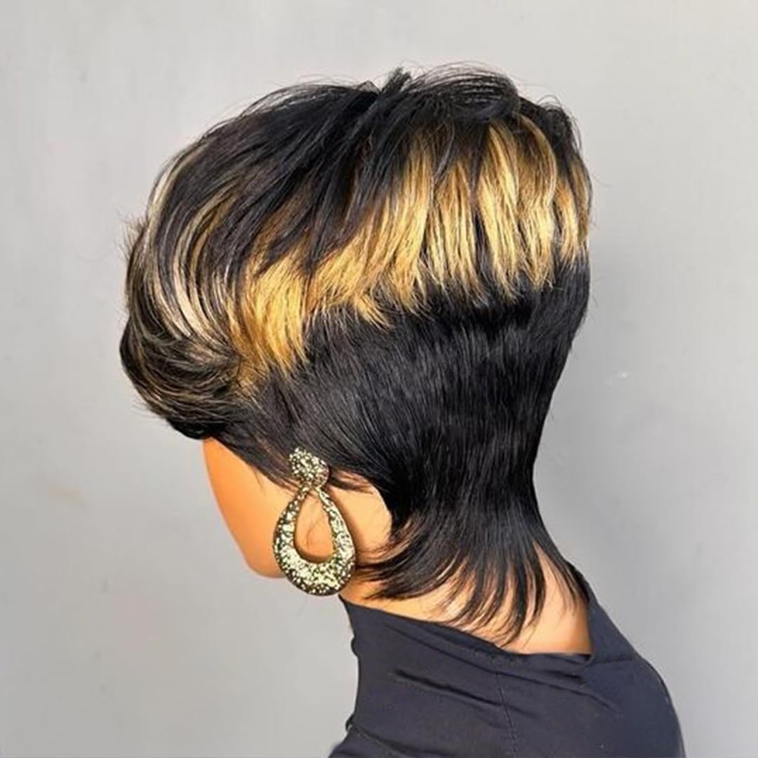 PurpleSexy Pixie Cut Wigs for Black Women Human Hair 1b/30/613 blonde Color Short Layered Pixie Cut Wig With Bangs for Women Daily Use Hair Glueless Full Machine Made Wig(1b/30/613)