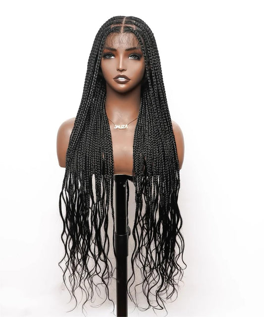 JALIZA 36" Boho Knotless Box Braided Wigs for Black Women Girls,Box Braided Wigs Full Lace Handmade with Human Hair Baby Hair,Black