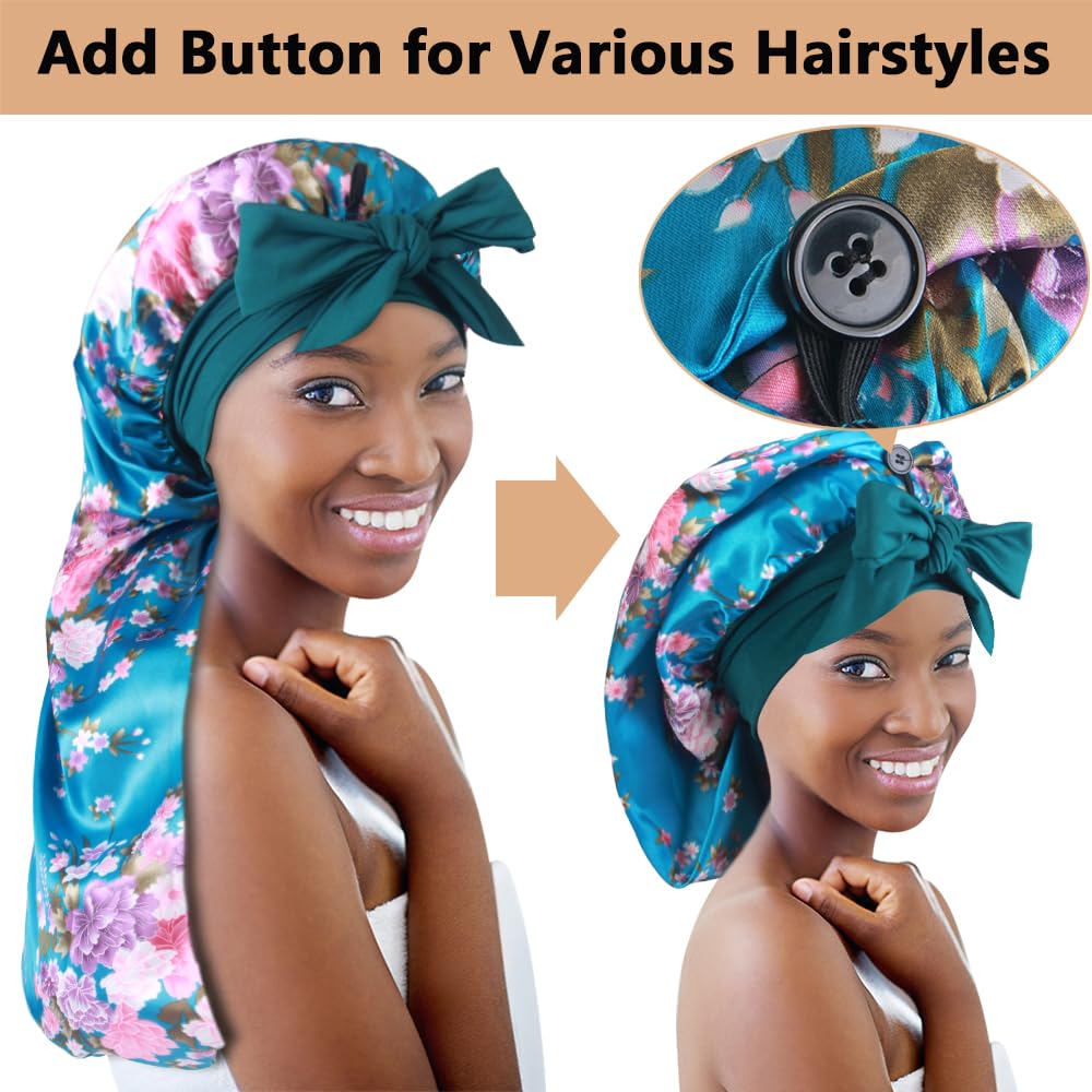 2pcs Long Satin Bonnets with Tie Band, Large Braid Bonnet Silky Hair Cap for Locs Women Sleeping, J