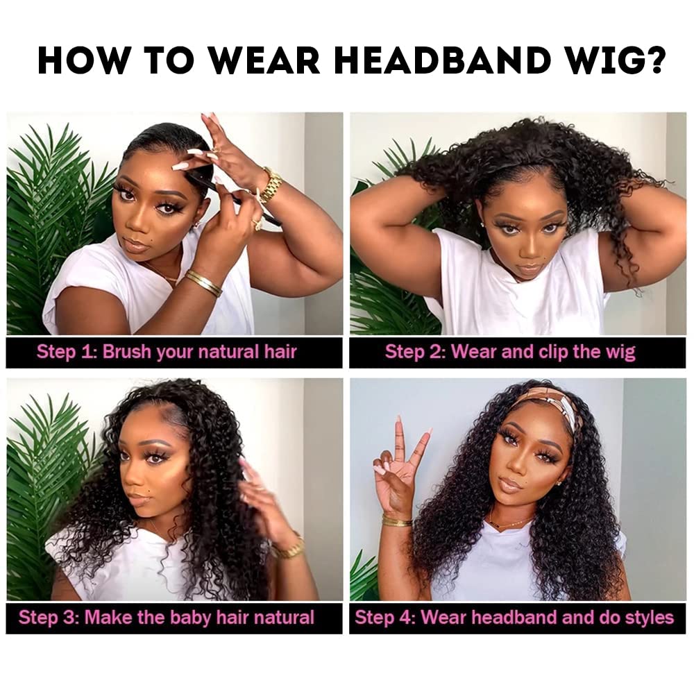 Celiarita Ombre Headband Wig Human Hair Deep Wave 16 Inch Dark Burgundy None Lace Front Wigs Glueless #1B/99J Deep Curly Wave Human Hair Headband Wig Attached Half Wigs for Black Women 150% Density…