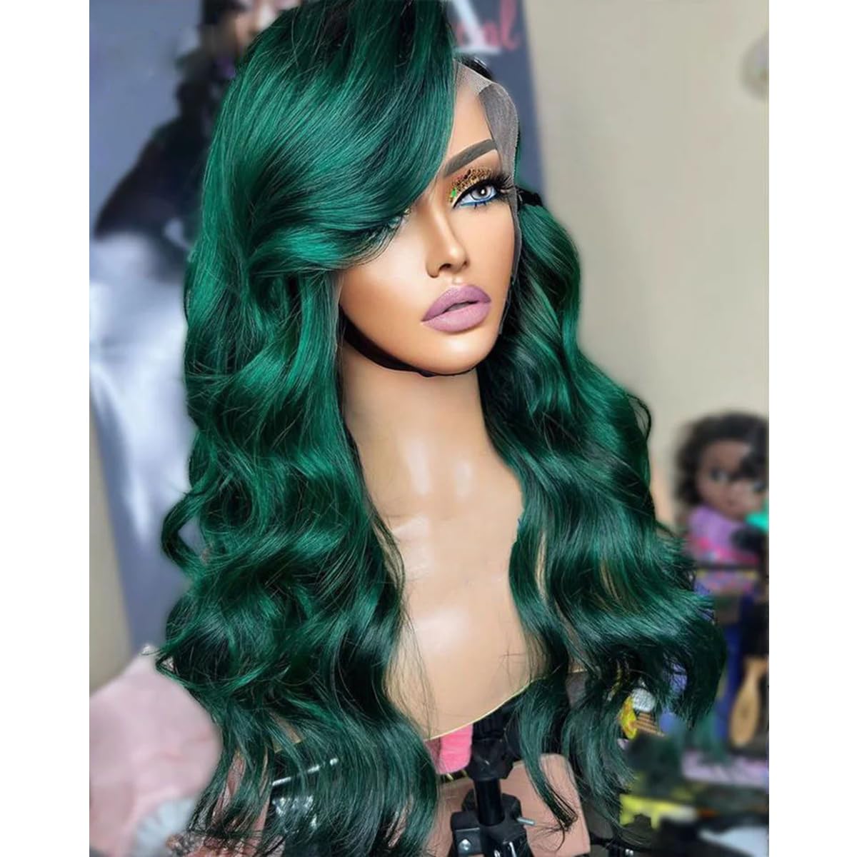 SISIFIRE Lace Front Wigs for Women Green Hair with Black Roots Loose Curly Wave Synthetic Body Wave Heat Resistant Fiber with Baby Hair Pre Plucked for Daily Use
