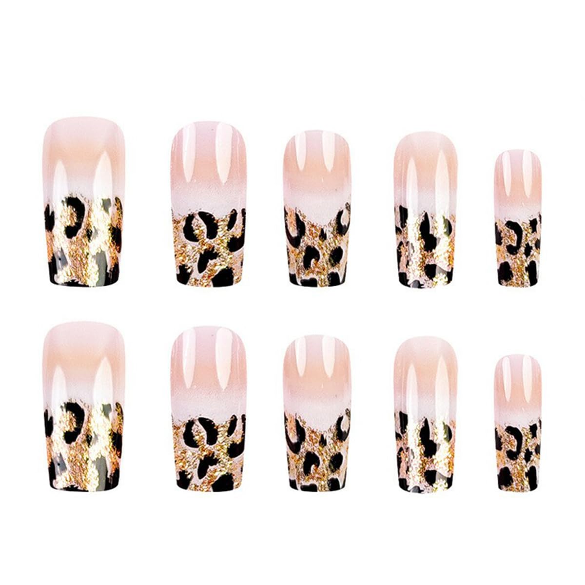 Long Coffin Press on Nails French Fake Nails Glossy Acrylic Press On Nails with Glitter Leopard Print Designs French Style Gradient Acrylic Full Cover Glue on Nails Long False Nails for Women 24PCS