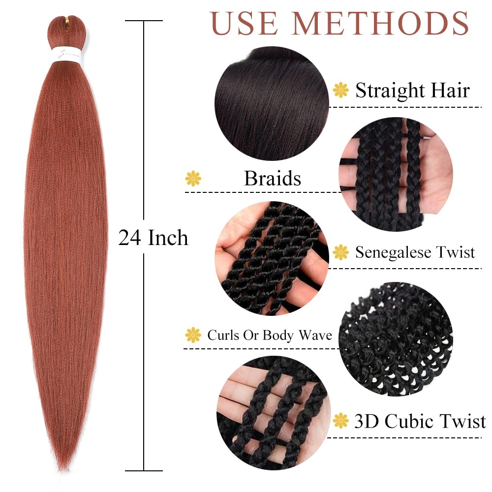 Ginger Braiding Hair Pre Stretched 3 Packs 24 Inch 350 Braiding Hair Yaki Texture, Hot Water Setting, Easy To Install Professional Synthetic Hair For Braiding(24 Inch, #350)
