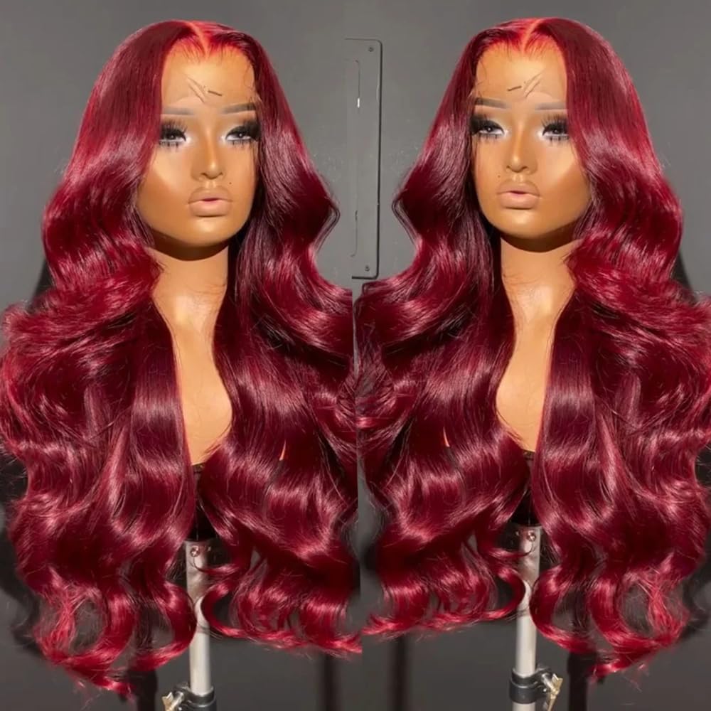 SISIFIRE Burgundy Body Wave Lace Front Wigs for Women 13 * 4 Inch Heat Resistant Fiber Long Loose Curly Lace Wig with Baby Hair Wine Red Synthetic Glueless Lace Front Wig for Daily Party Use 26 Inch