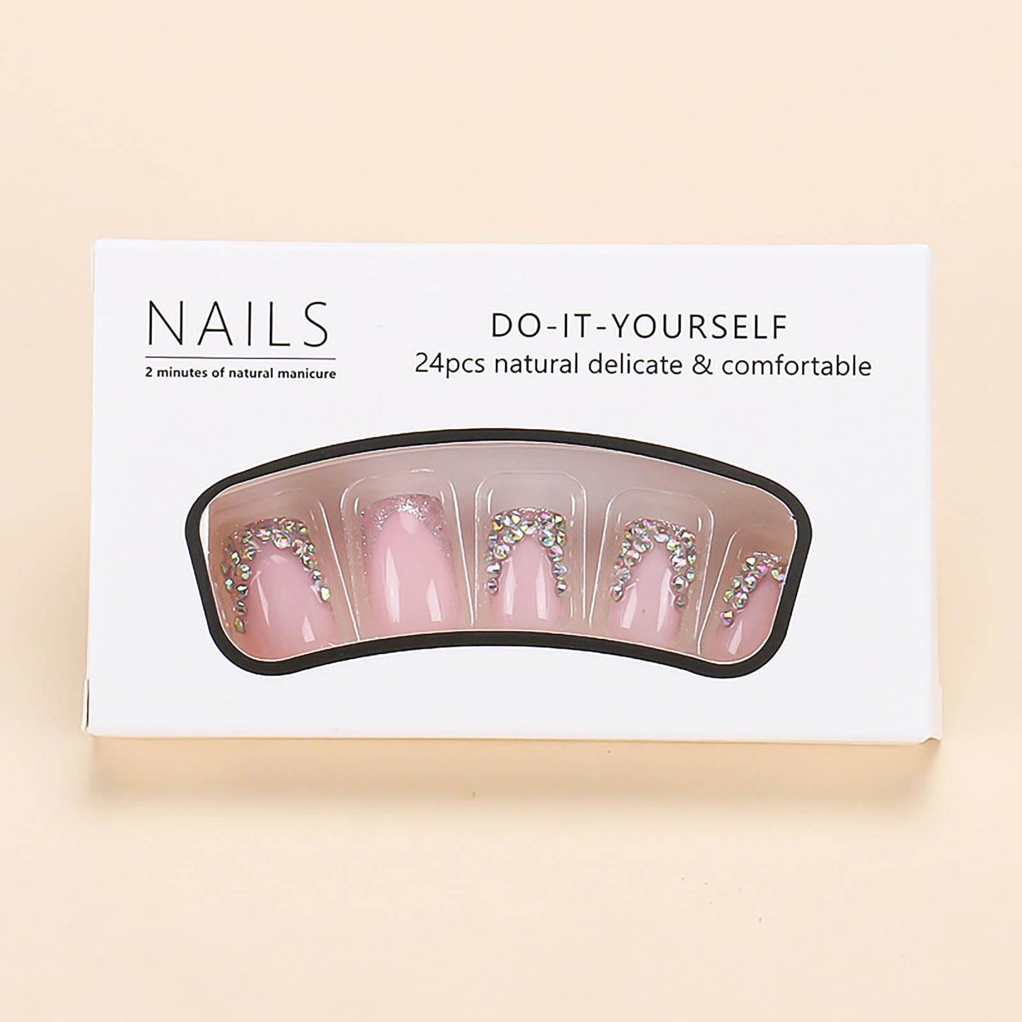 RUOKEXIN Short Square Press on Nails French Tip With Rhinestones - Pink False Nails, Sparkly Glue on, Handmade Artificial, Cute Stick on for Women