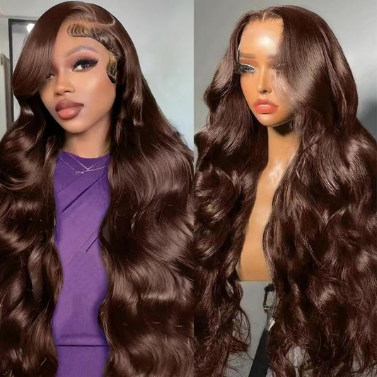 Chocolate Brown Lace Front Wig - Human Hair, 13x4 Body Wave, Pre-Plucked, 200% Density, 28 Inch