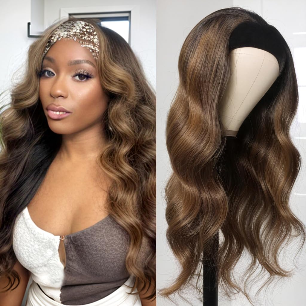olimaruly Headband Wig Human Hair Body Wave Highlight Ombre Headband Glueless None Lace Front Wig Brazilian Virgin Hair 24 Inch Wear and Go Wigs for Black Women 150% Density