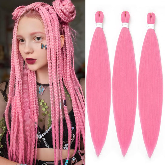 Braiding Hair Pre Stretched 24 inch 3 Packs Braiding Hair Professional Yaki Synthetic Hot Water Setting, Easy To Install Hair for Braiding (24in,Pink)