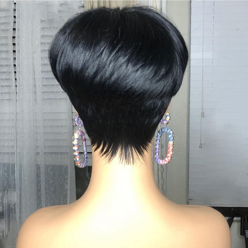 PurpleSexy Pixie Cut Wigs for Black Women Natural 1B Color Daily Use Short Layered Pixie Cut Human Hair Wigs With Bangs for Women Glueless Brazilian Virgin Human Hair Cool Wig