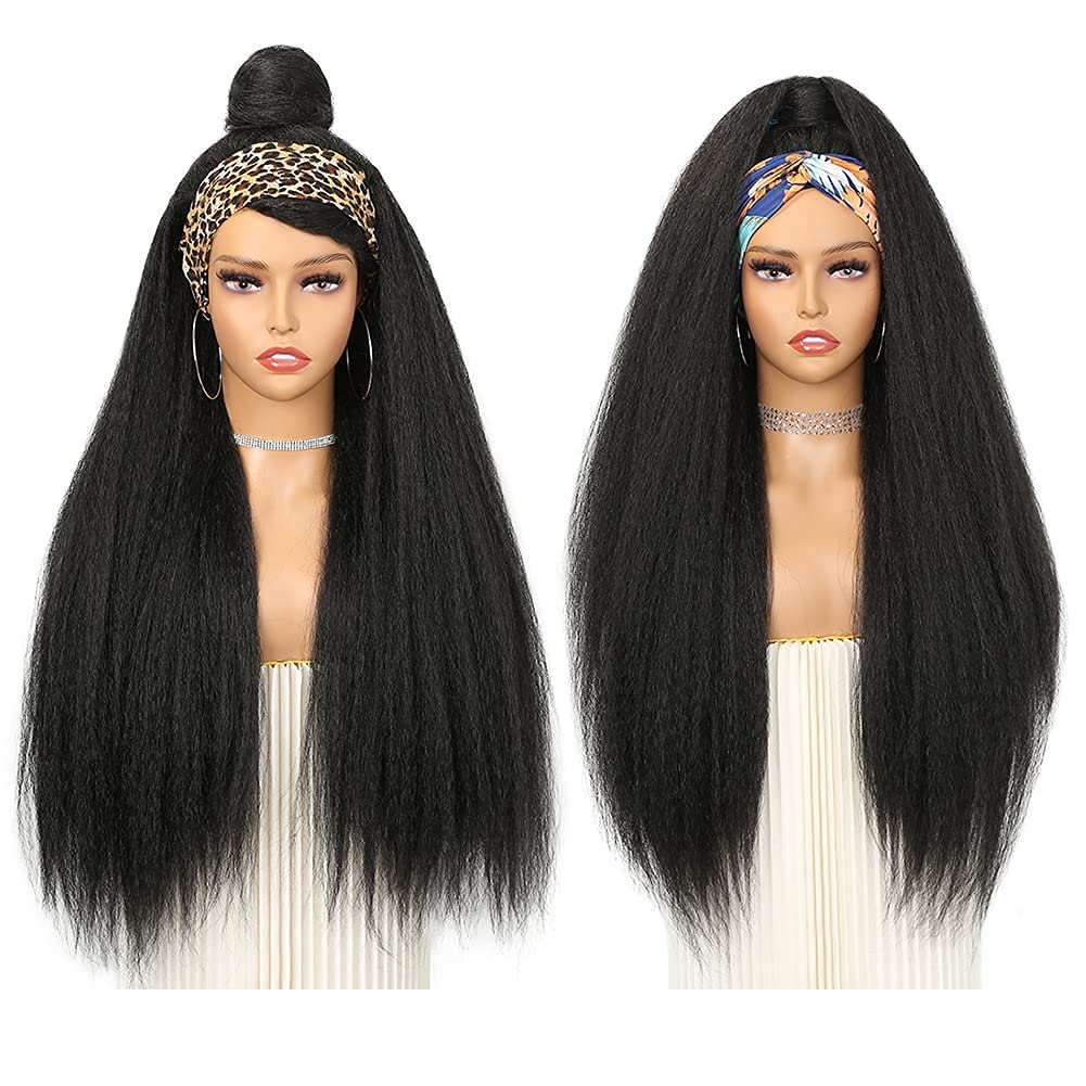 WIGNEE 26 Inches Kinky Straight Headband Wig for Women Yaki Straight Wigs with Black Headband Kinky Afro Wigs For Black Women