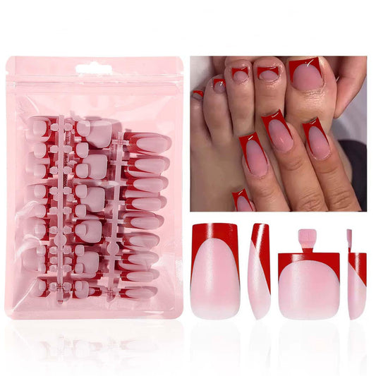 NHIXK 60Pcs Red French Tip Press on Nails & Press on Toenails Set, Square Press on Nails Medium Fake Nails Red French Press on Toenails Full Cover Stick on Press ons for Women