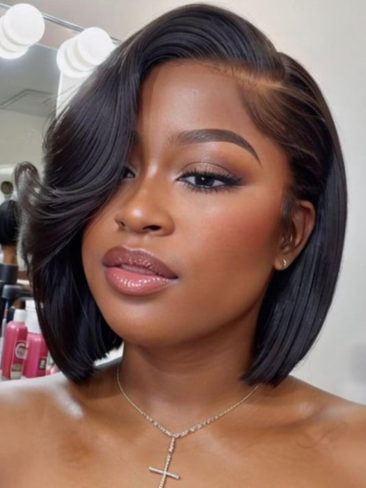 UNICE 8 inch Short Layered Bob Drawstring Wig Human Hair with Side Swept Bangs Bye Bye Knots 7x5 Lace closure Glueless Wigs Human Hair Pre Plucked Pre Cut Read to Wear