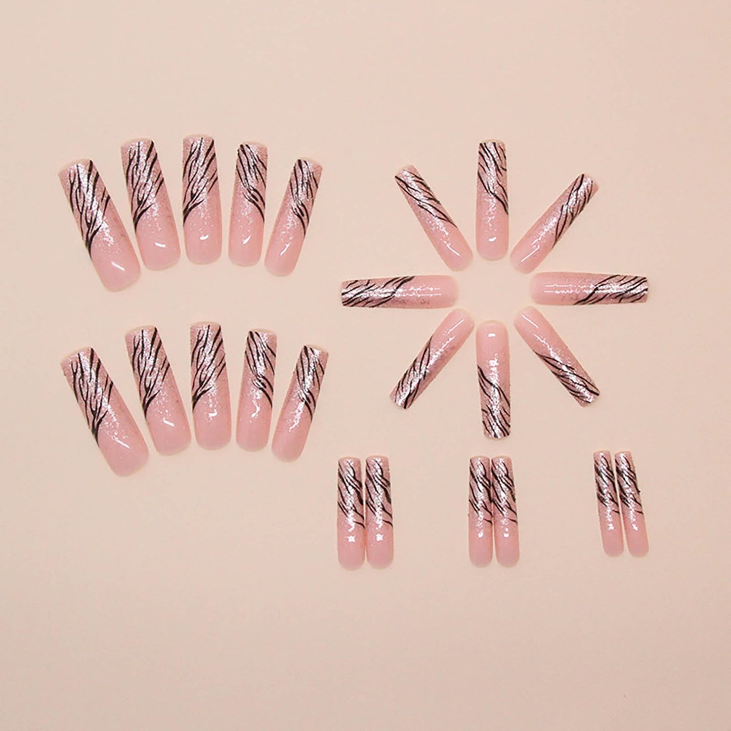 Long Press on Nails Square Fake Nails Silver Glitter French Tip False Nails with Silver Swirl Design Acrylic Nails Long Square Glue on Nail Full Cover Stick on Nail for Women 24Pcs