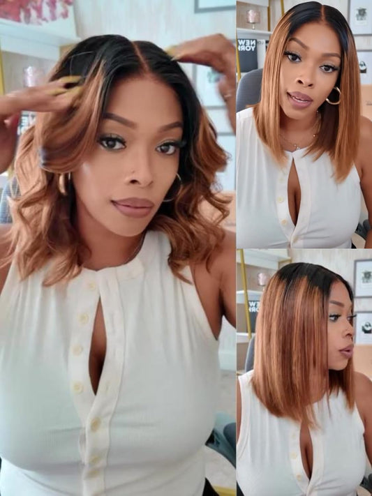 Nadula 13X4 HD Honey Brown Piano Highlight Bob Straight Drawstring Wig Human Hair - Pre Everything Glueless Ombre Bob Lace Front Wig with Ear Tape - Ready to Go Short Blunt Bob Wig 10inch