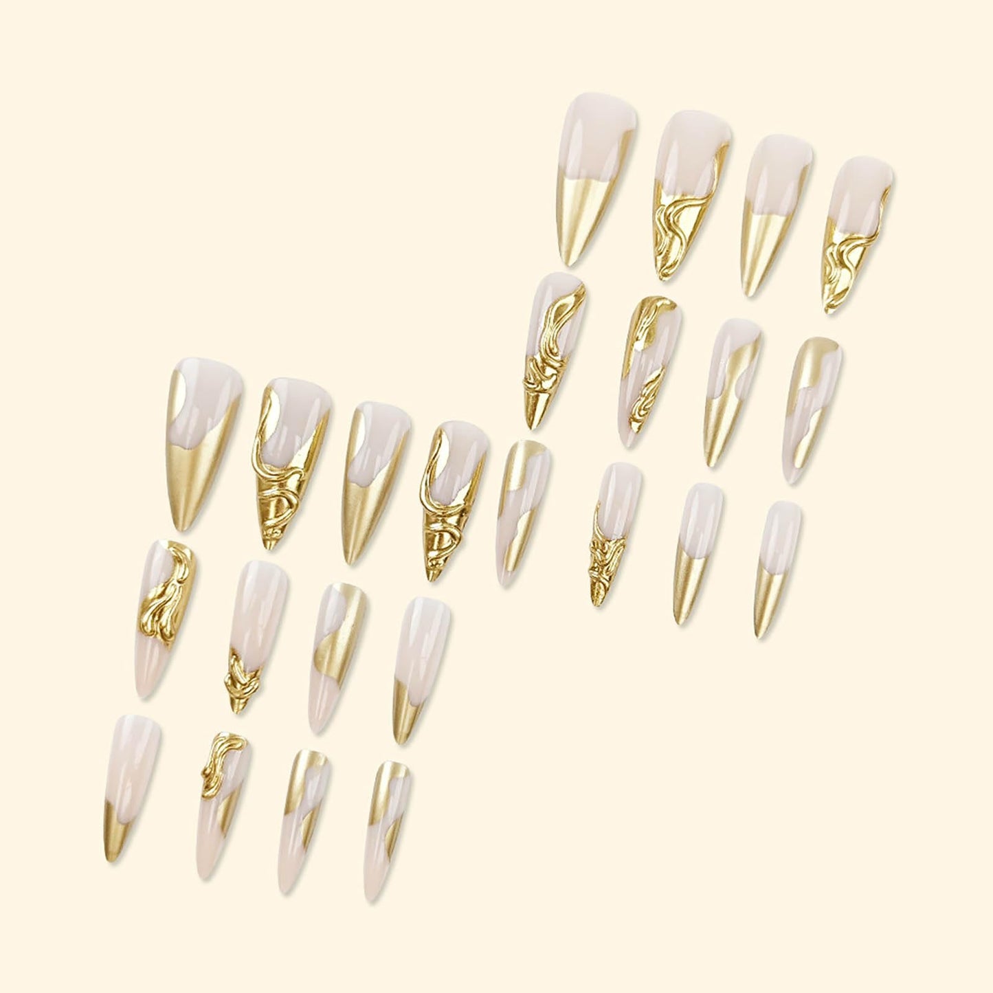 RTKHFZE Long Stiletto Press on Nails Light Taupe Color, 3D Gold Coat Full Cover Claw Nails for Women and Girls