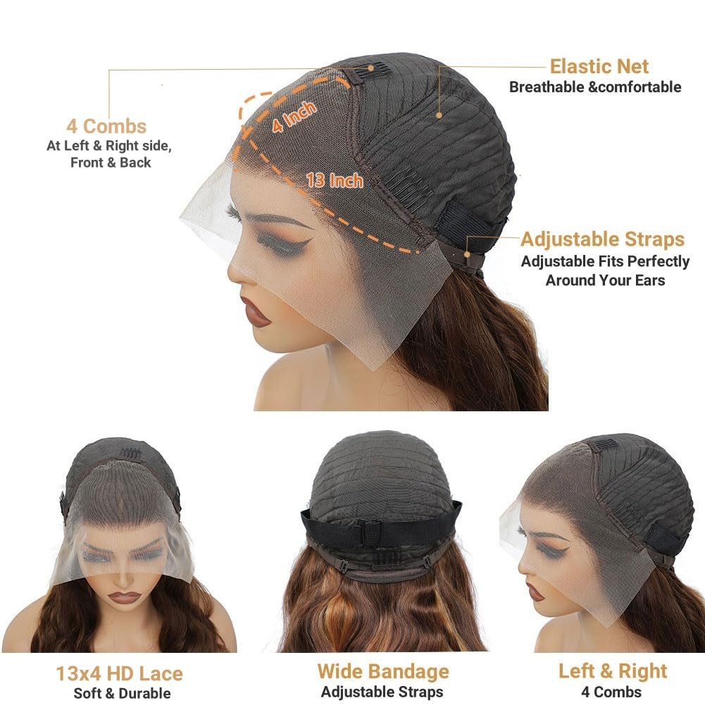 SERUYLEO Highlight Lace Front Wigs Human Hair Pre Plucked 4/27 13x4 Ombre Honey Blonde Transparent Lace Front Wigs Human Hair for Women 180% Density Body Wave Glueless Human Hair Wigs 22 Inch
