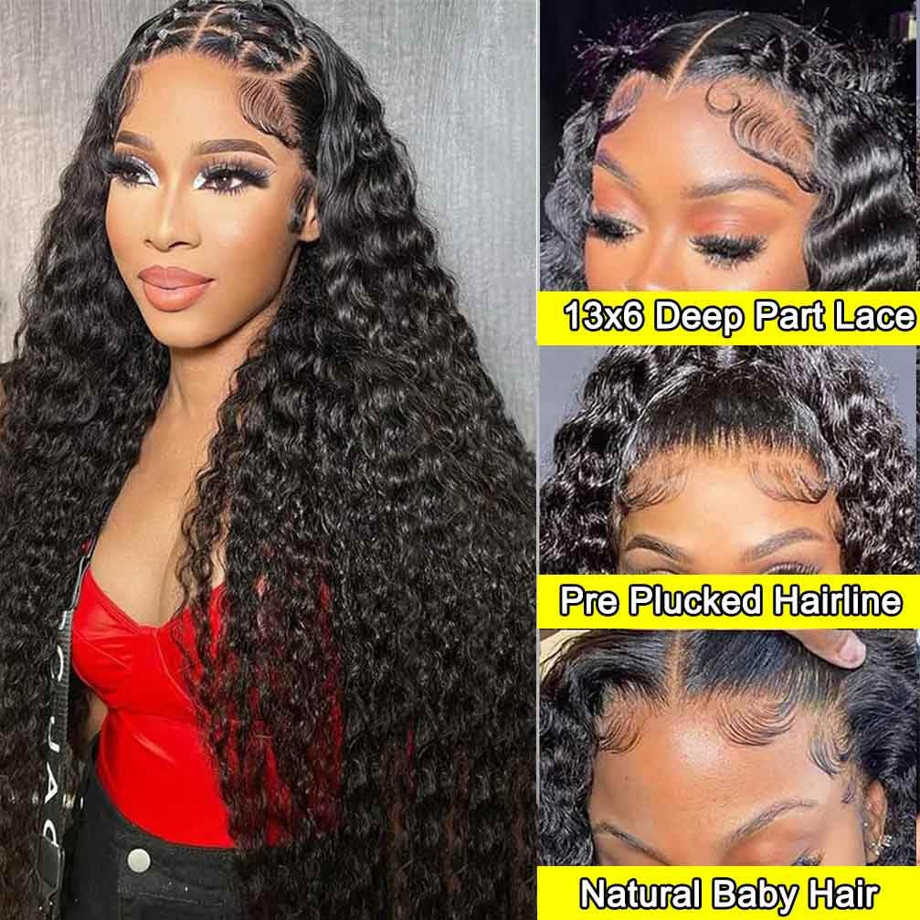 WPPIKK 13x6 Lace Front Wigs Human Hair Pre Plucked Wet and Wavy Human Hair Wigs for Black Women Deep Wave Wig 180 Density Curly Lace Frontal Wig (13x6 Lace Black Color, 28 Inch)