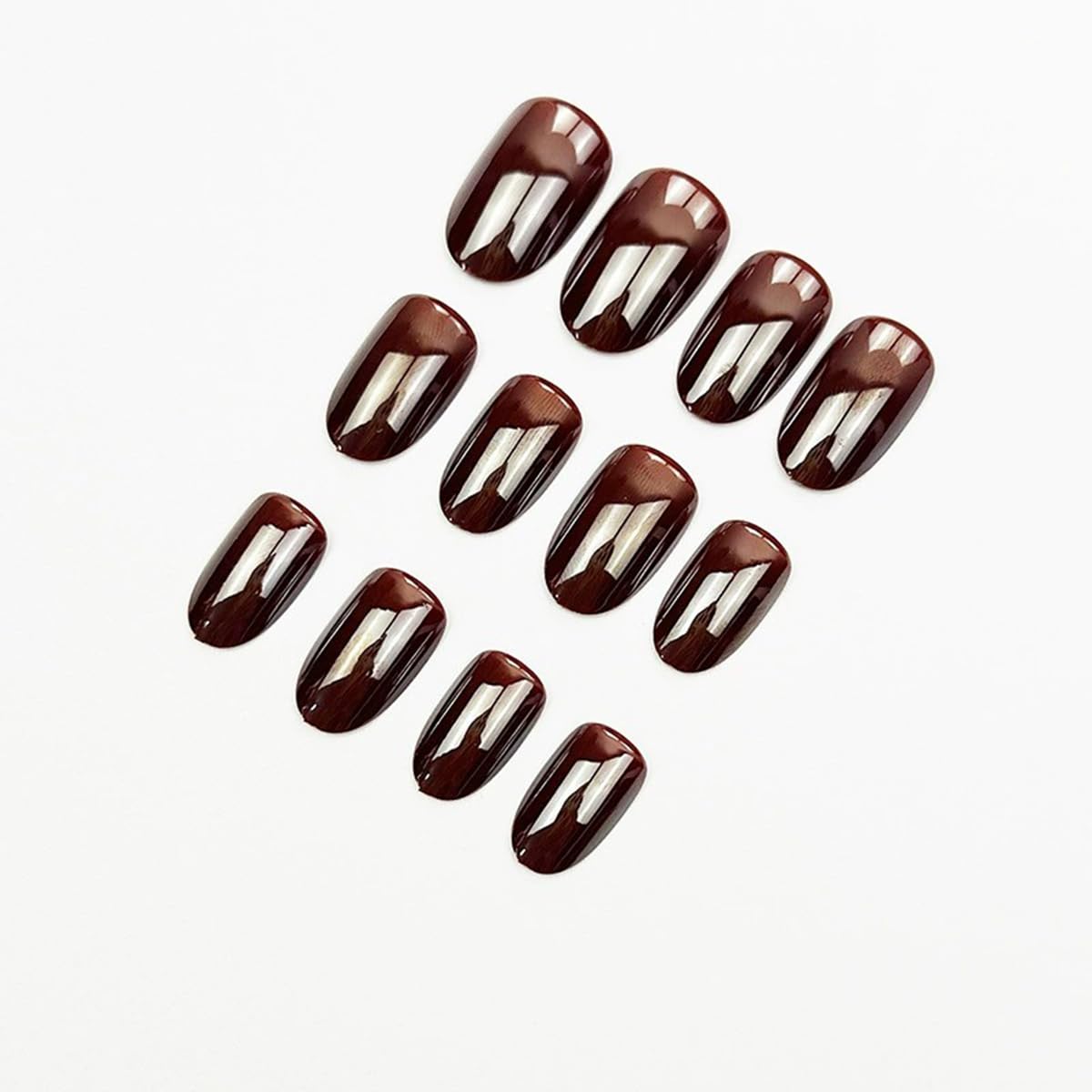 Short Press on Nails Oval Fake Nails Coffee Brown Acrylic Glue on Nails Almond Shape Magic Mirror Gel Acrylic Press on False Nail Kit Full Cover Reusable Stick on Nails for Women Girls 24PCS
