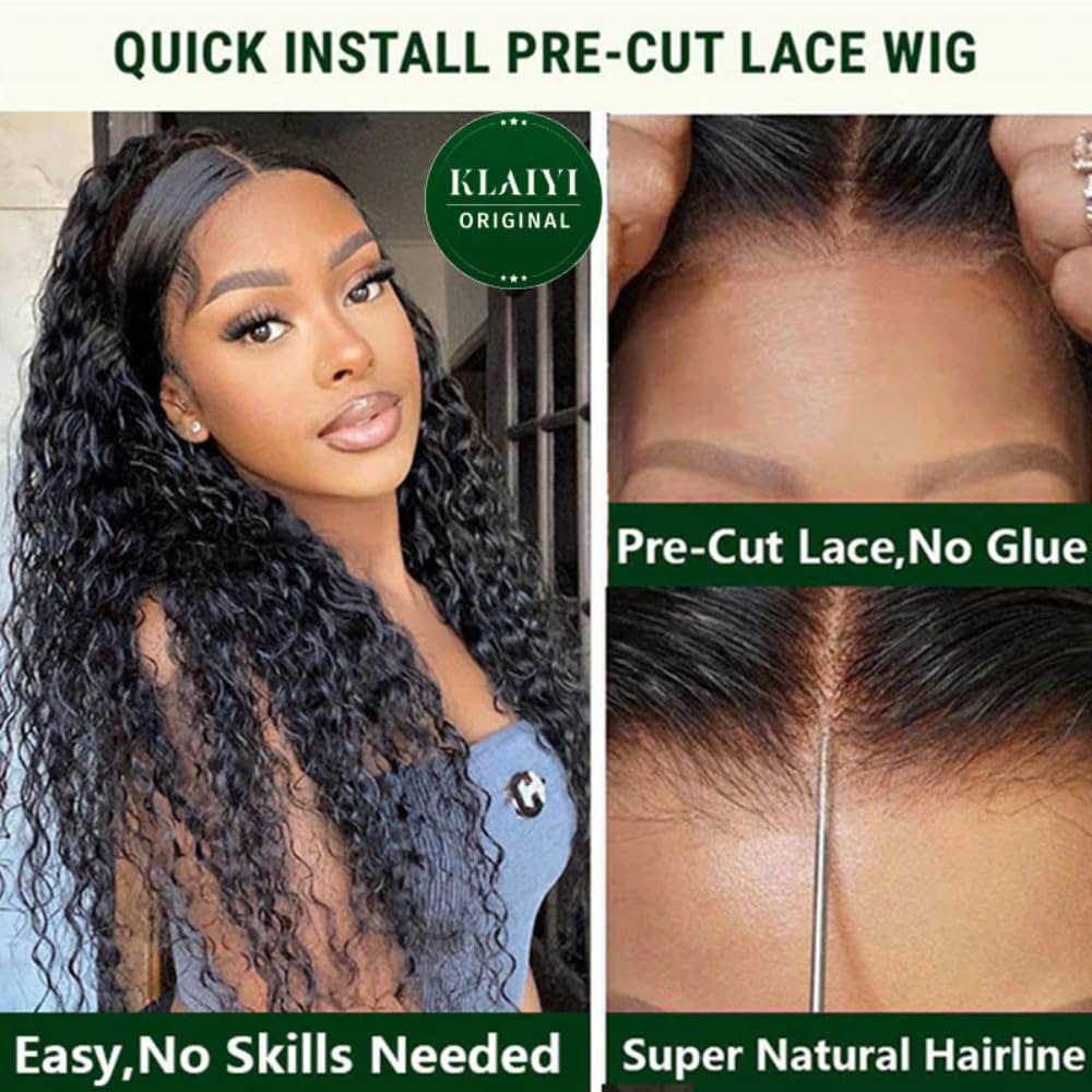 KLAIYI Bye Bye Knots Glueless Wig Pre Cut Water Wave HD Lace Front Wigs Human Hair Pre Bleached Pre Plucked Ready to Go Wigs for Women 30S Easy to Wear Put On and Go Curly Wig Beginner Friendly 26inch