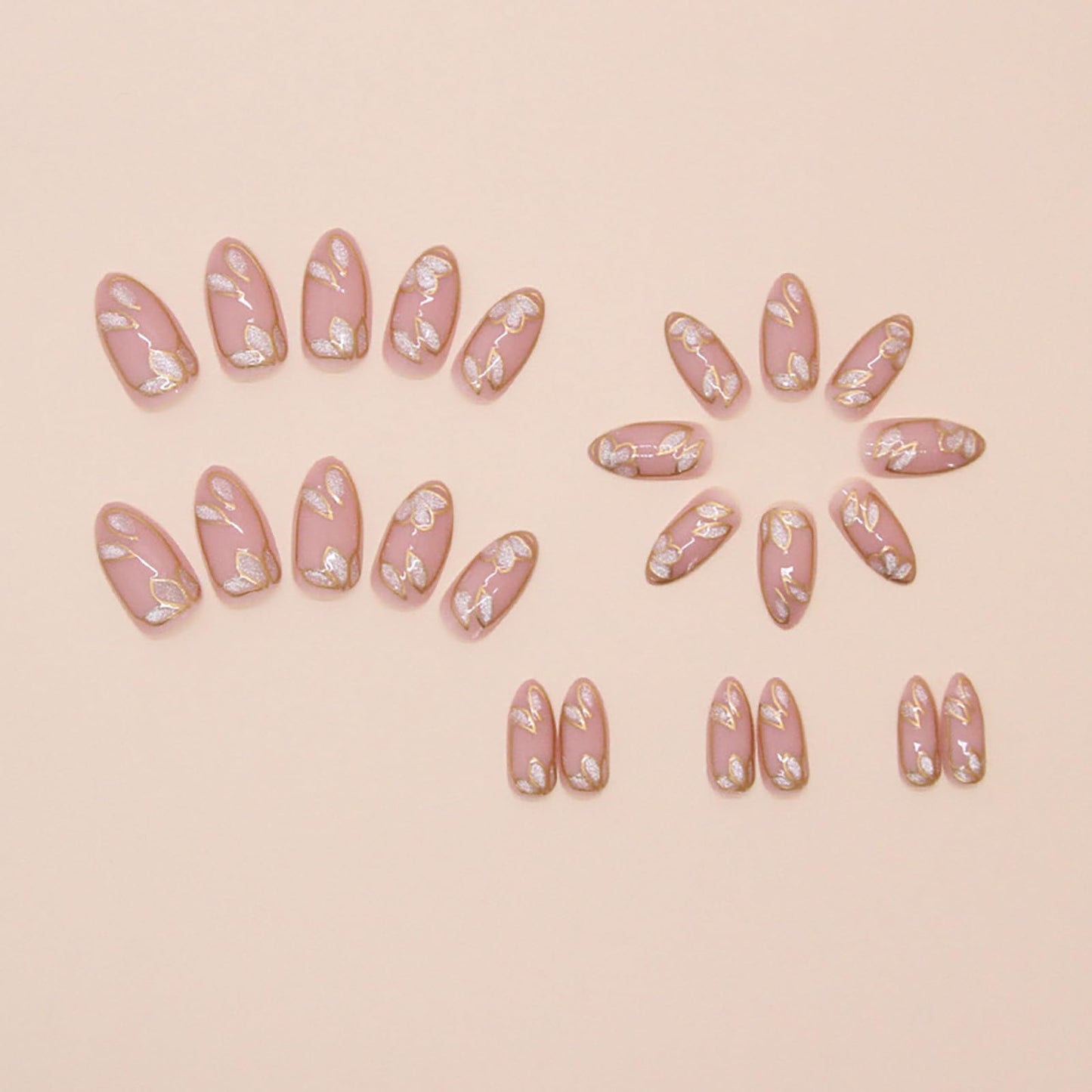 24 Pcs Nude Press on Nails Medium Almond Fake Nails with Glue Artificial Acrylic Nails Press ons with Golden Glitter Leaf Design Full Cover Reusable Stick on Nail for Women Girls Daily Wear
