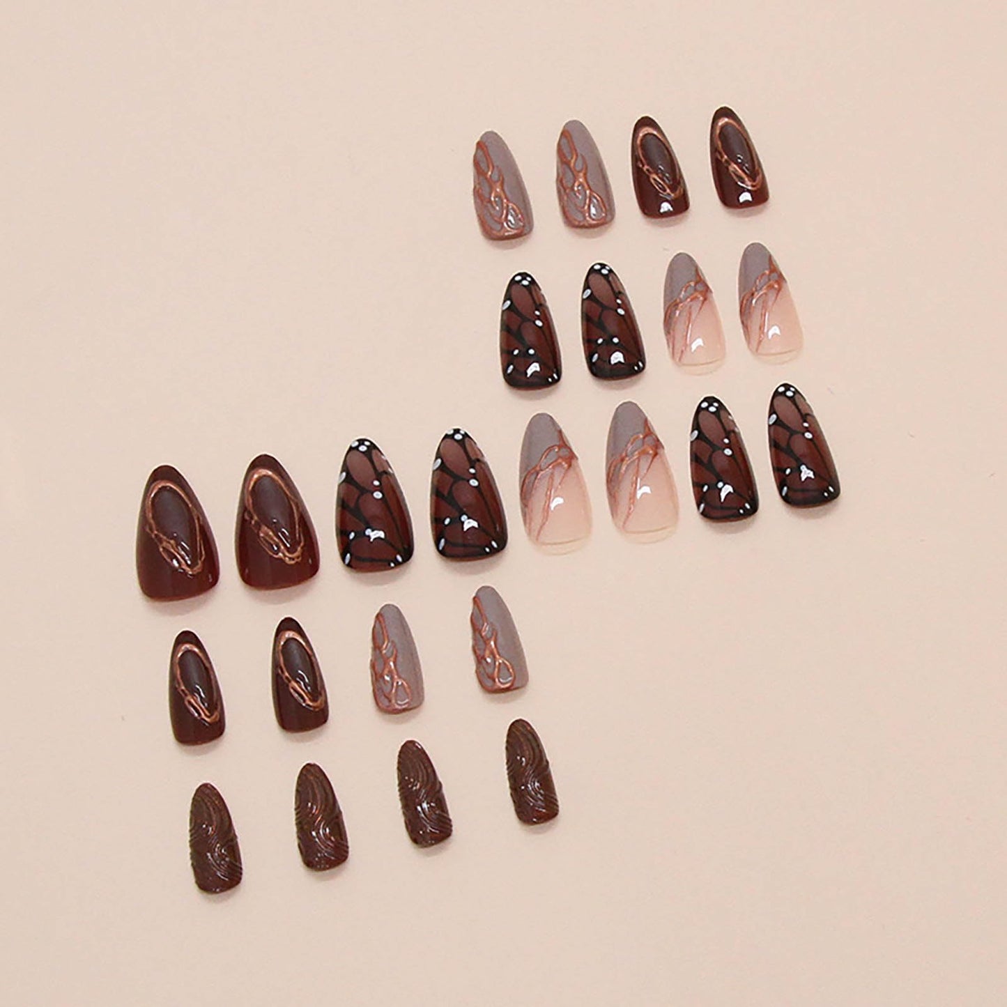 RTKHFZE Medium Buttterfly Press on Nails Almond Fake Nails with Design Brown Butterfly Press on False Nails Full Cover Fall Nails for Women 24Pcs