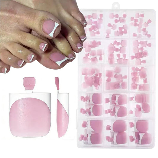150Pcs White French Tip Press On Toenails Square Medium Fake Toenails Matte Pink Press on Toe Nails for Woman Summer Nail Kits -15 Sizes