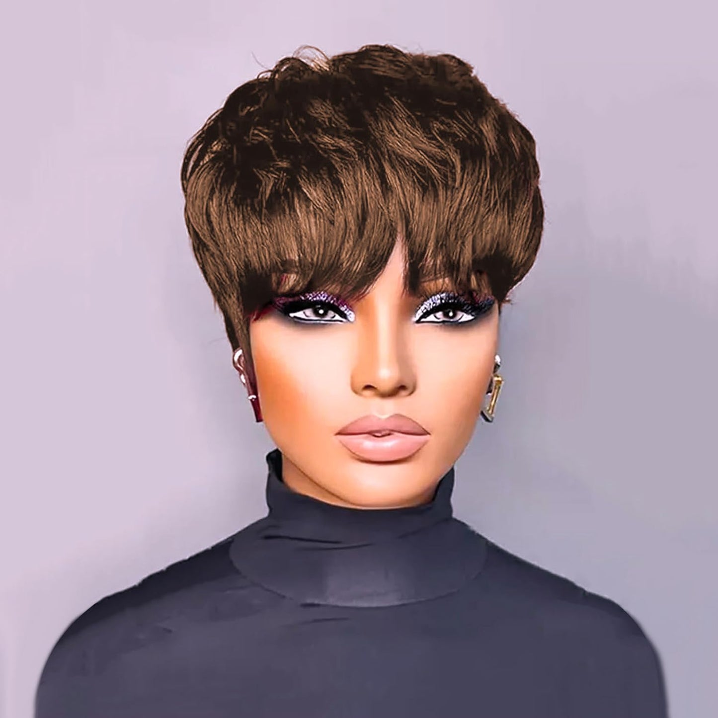 QiaQiaRing Chic Elegent 10A Pixie Cut Wigs for Black Women 4# Brown Color for Daily Use Short Layered Pixie Cut Human Hair Wigs With Bangs Brazilian Virgin Straight Human Hair (4#brown)